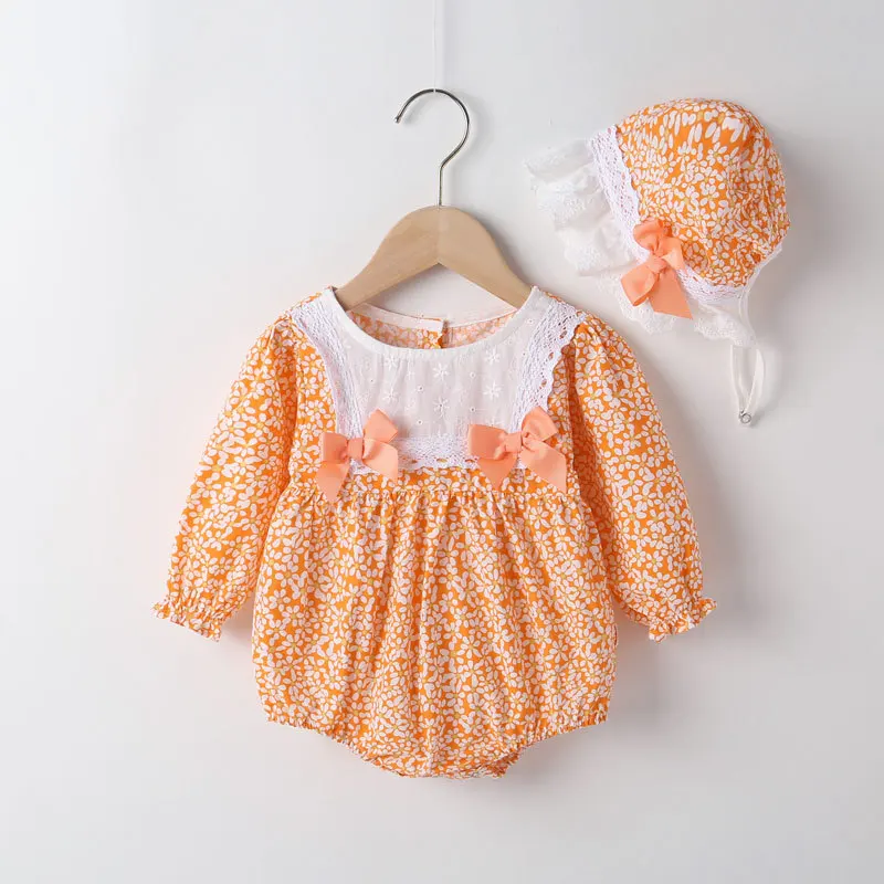 2022 New Summer Baby Clothes Girl Sweet 2 Pcs Sets Floral Bow Lace Baby Bodysuits+hat Party Birthday Princess Baby Rompers 0-18M baby bodysuit dress Baby Rompers