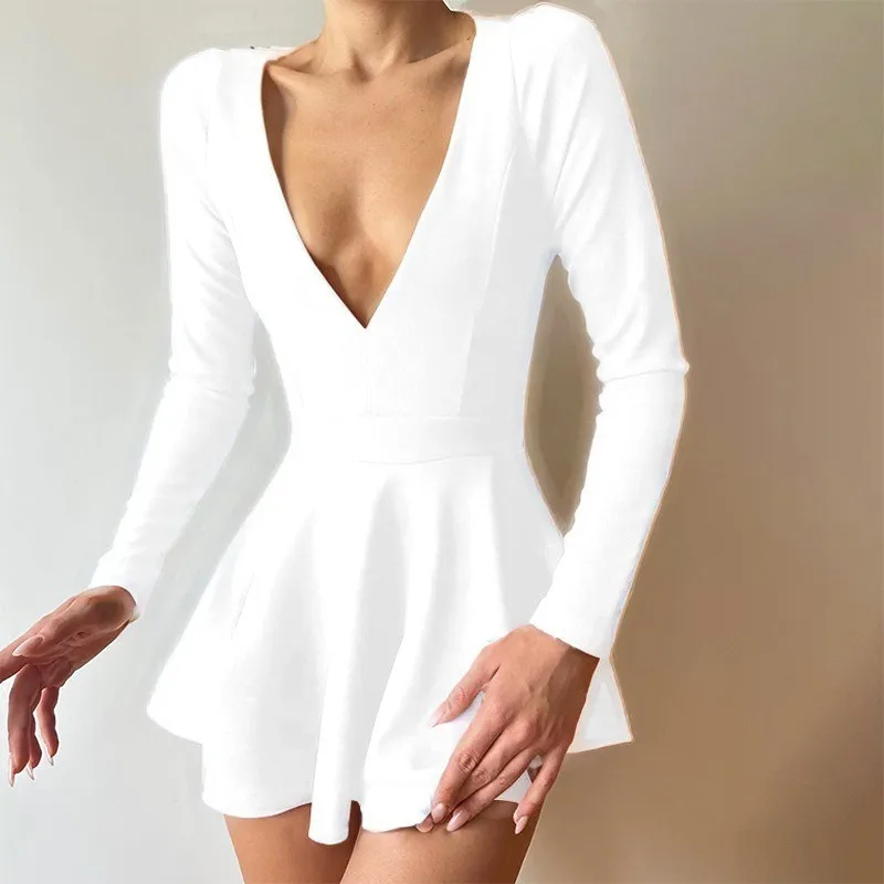 Fashion Spring and Summer Women's New Deep V Long-sleeved Dress Y2k Solid Color Elegant Waist Slim-fitting A-shaped Casual Skirt