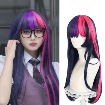 Parrucca Lunga Ondulata da Donna per Halloween, Stile Twilight Sparkle, Parrucca Lunga Liscia Viola e Rosa con Frangia