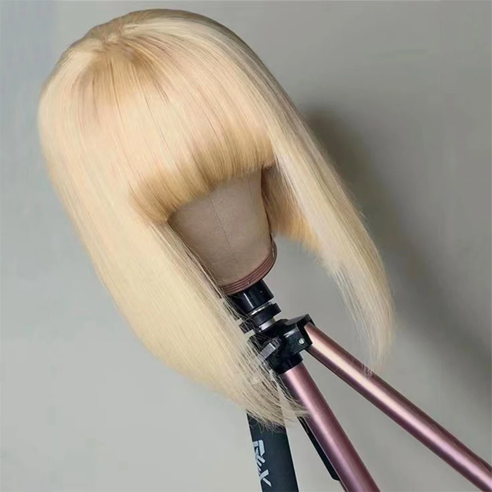 

RONGDUOYI Blonde Bob Hair Natural Straight Synthetic Lace Front Wig with Bangs Blue Black Straight Fiber Cosplay Daily Green Wig