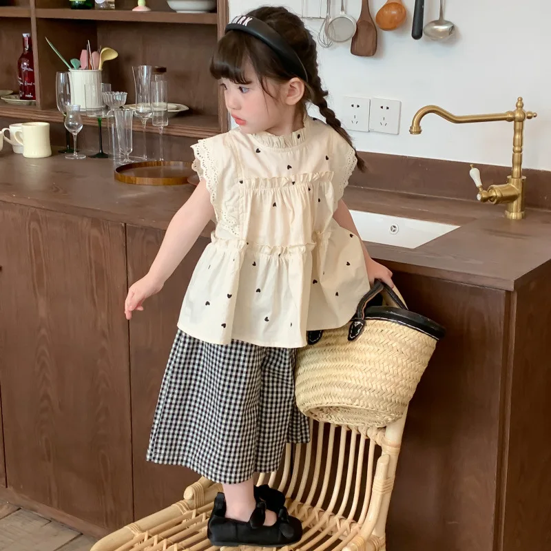 

Korean Girls' Suit Summer Clothing New Children's Fashionable Flounced Sleeve Shirt Plaid Straight Wide-Leg Pants Two-Piece