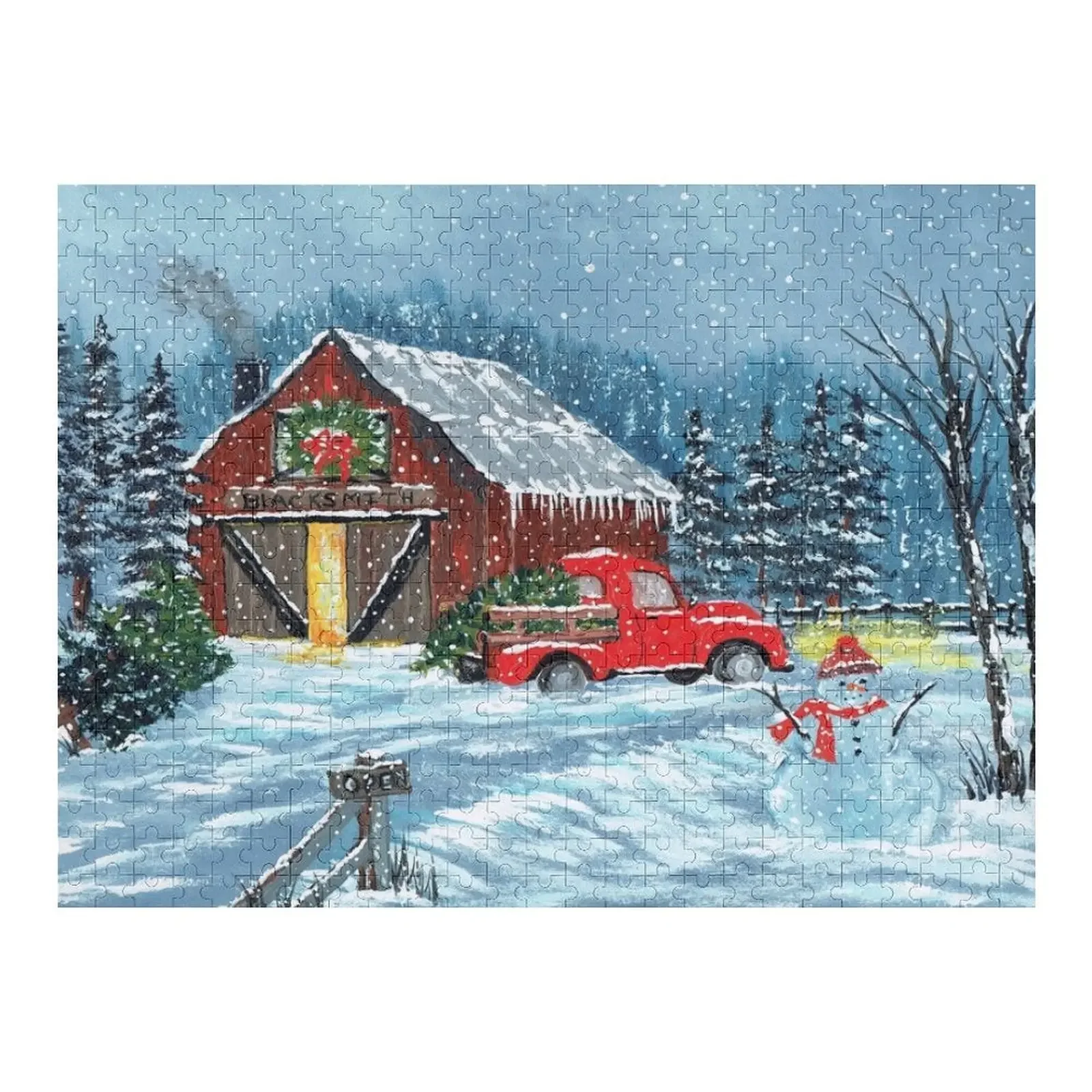 Red Truck Winter Christmas Tree Red Barn Scene #Redbubble Jigsaw Puzzle Iq Customizeds For Kids Children Jigsaw Custom Puzzle