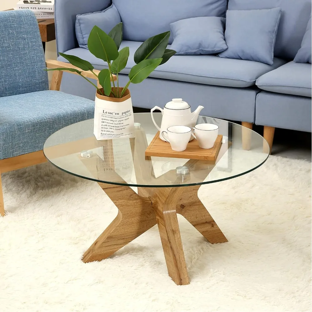 

Round Glass Coffee Tables for Living Room, 31.5 in Accent Coffee Side Tea Table with MDF Natural Wood Frame