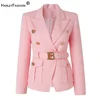 Amazing Design Workwear Office Lady Luxury OL Quality Pockets Blazer With Belt Baby Pink Formal Jacket For Women 1