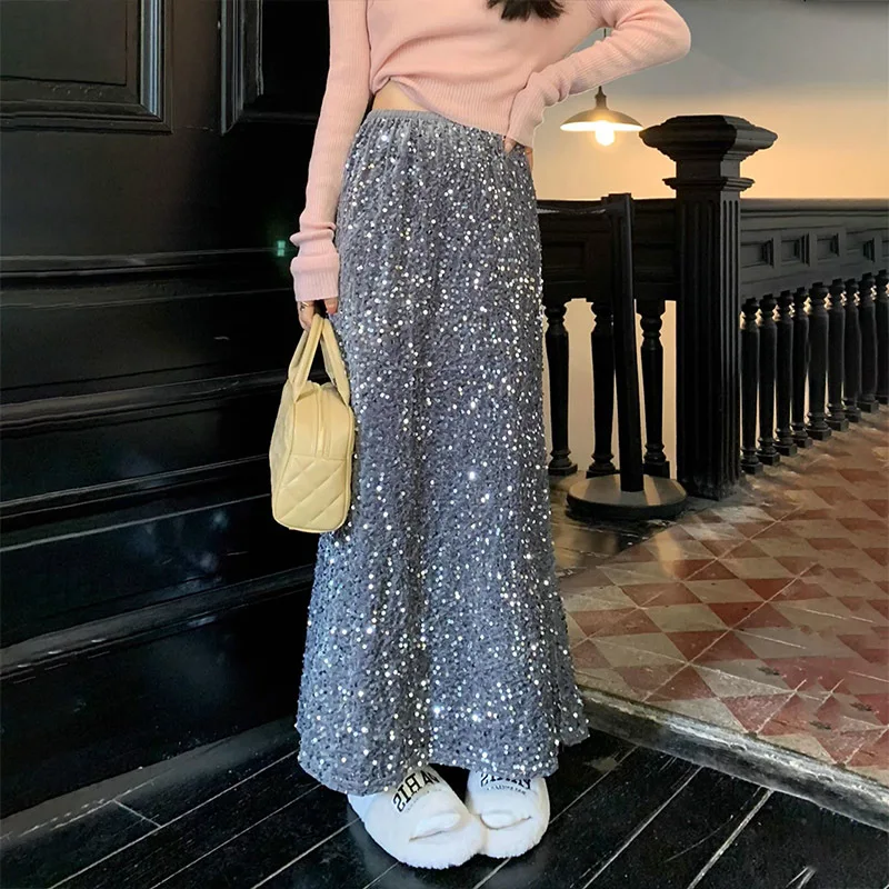 

Fashion Versatile Black Long Velvet Sequin Mermaid Skirts for Women High Waist Patchwork Korean Style Grey Skirt with Paillettes