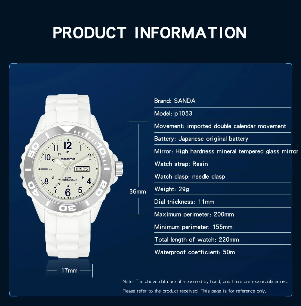 SANDA New Ladies Wrist Watches Dress Blue Watch Women Watches Silicone Strap Blue Clock Women Watch With Day Montre Femme 1053