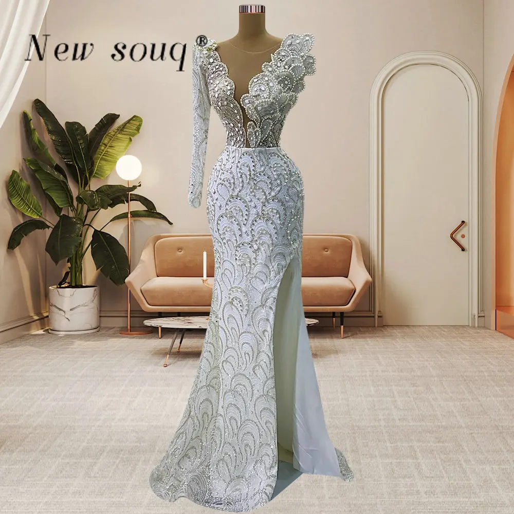 

Elegant One Shoulder Pearls Mermaid Evening Dresses with Slit Glitter Arabic 3D Leaf Shape Women Wedding Party Gowns Plus Size