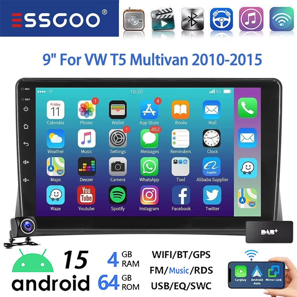 ESSGOO 9" IPS Touchscreen Android 15 Carplay GPS Navi Car Stereo For VW T5 Multivan 2010-2015 SWC BT FM WIFI RDS USB Mirror link