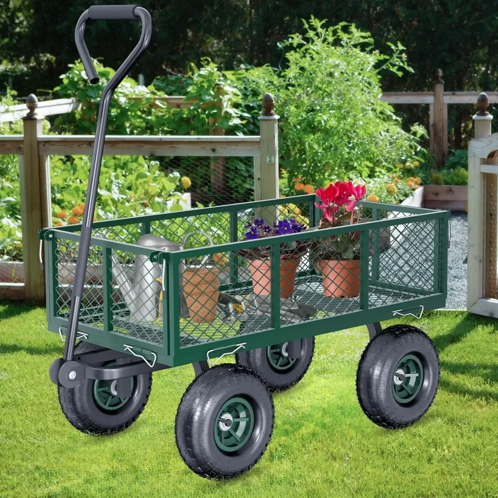 Steel Garden Cart, Heavy Duty 700 lbs Capacity, Utility Metal Wagon with 180&deg; Rotating Handle and 10" Tires, Wheelbarrow