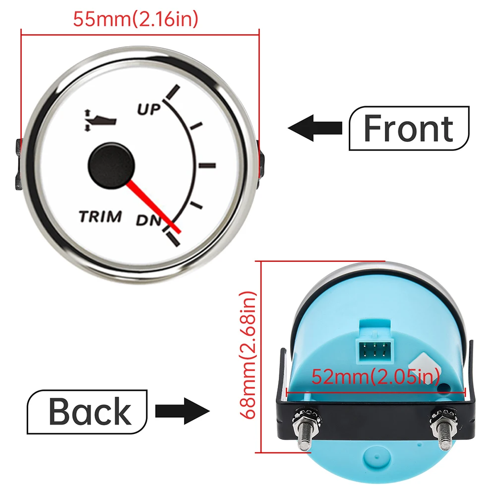 0-190ohm 52mm UP-DN Trim Level Gauge Waterproof Boat Trim Gauge 9-32V Left Right Trim Meter with Red Backlight for Marine Boat