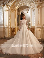 Alonlivn Luxury Crystal High Collar Full Sleeves Ball Gown Wedding Dresses Beading Pearls Lace Royal Train Bridal Gowns 3