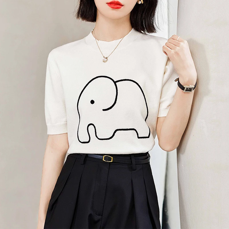 

Summer 2023 Knitted T-shirt Cartoon Elephant Drawing Top For Women White Tee Knitwear Stretchy Casual Short Sleeve 36922