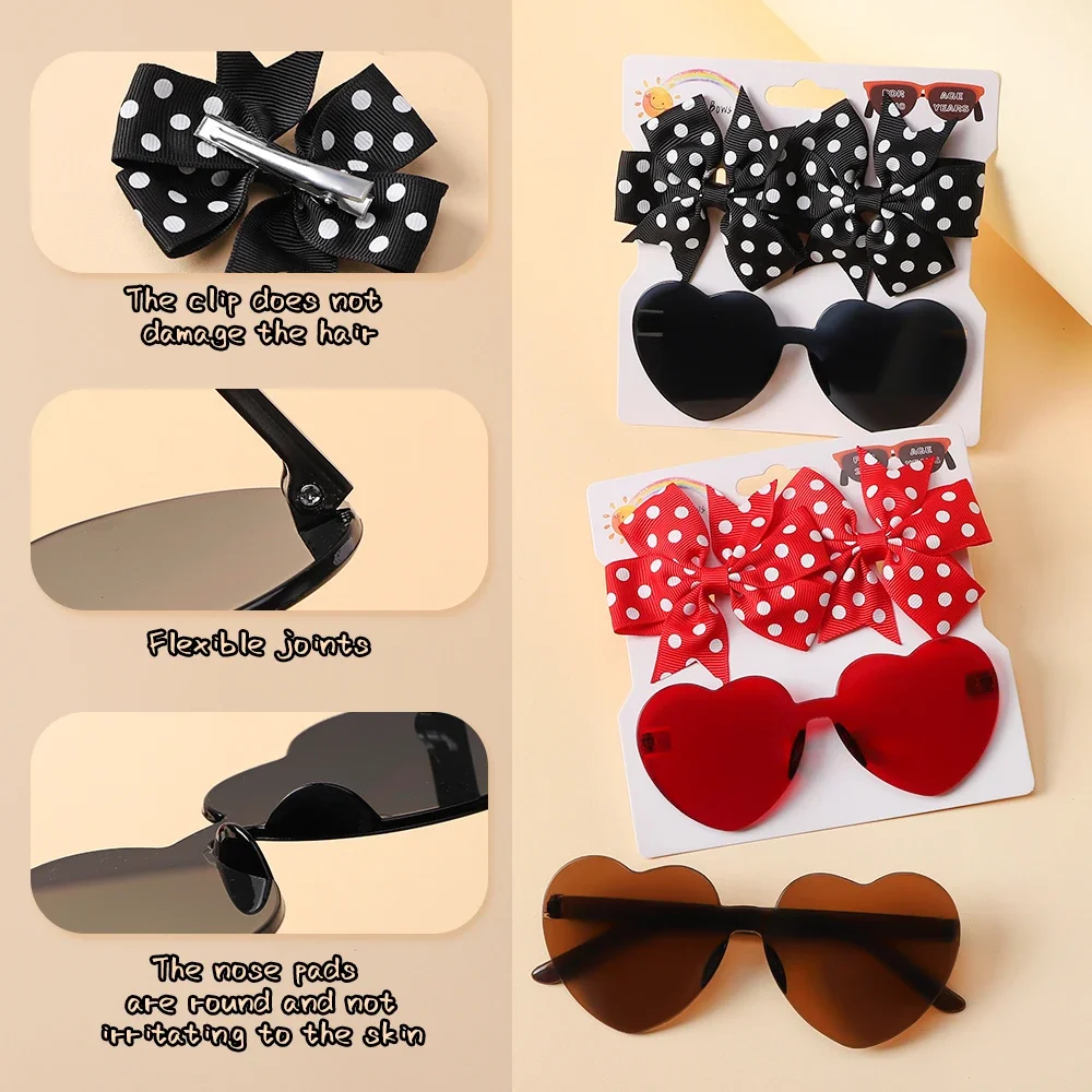 Kids Cute Solid Dot Hairpin hair accessories hair clips 3Pcs/set Colorful Heart Sun Glasses Set Girls Boutique Bowknot Hair Clips Children Hair Accessories