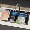 304 Stainless Steel Waterfall Kitchen Sink Large Single Slot Integrated Digital Display Faucet Set Soap Dispenser Cup Washer 5