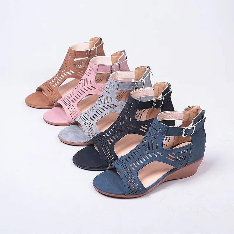 

Summer Women's Wedges Sandals Hollow Ladies High Heels Fashion Solid Color Buckle Strap Female Sandalias Platform Roman Sandals