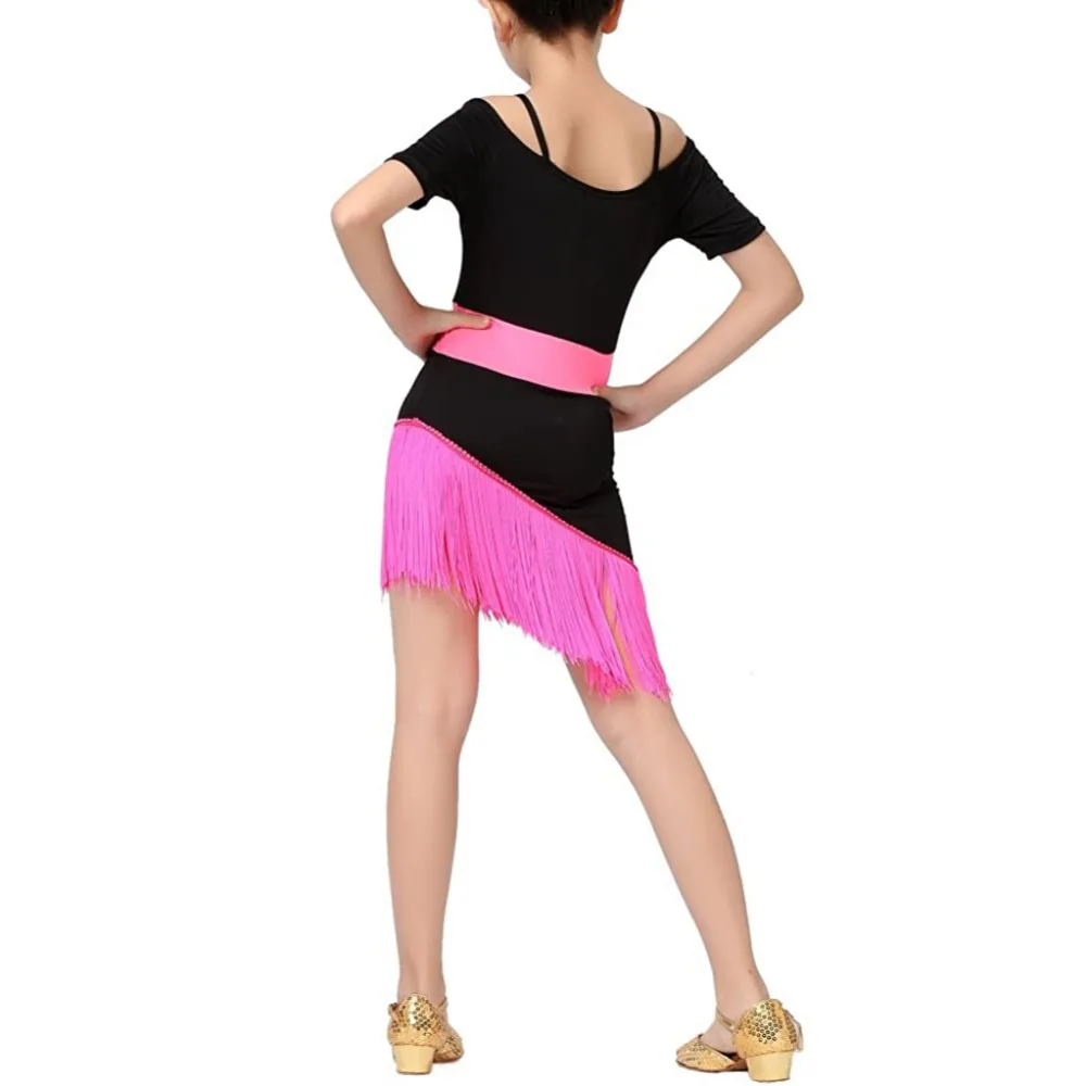 Latin Tassel Suspender Dress For Girls Off Shoulder Short Sleeve Irregular Hem Rumba Samba Dance Dress Ballroom Danc