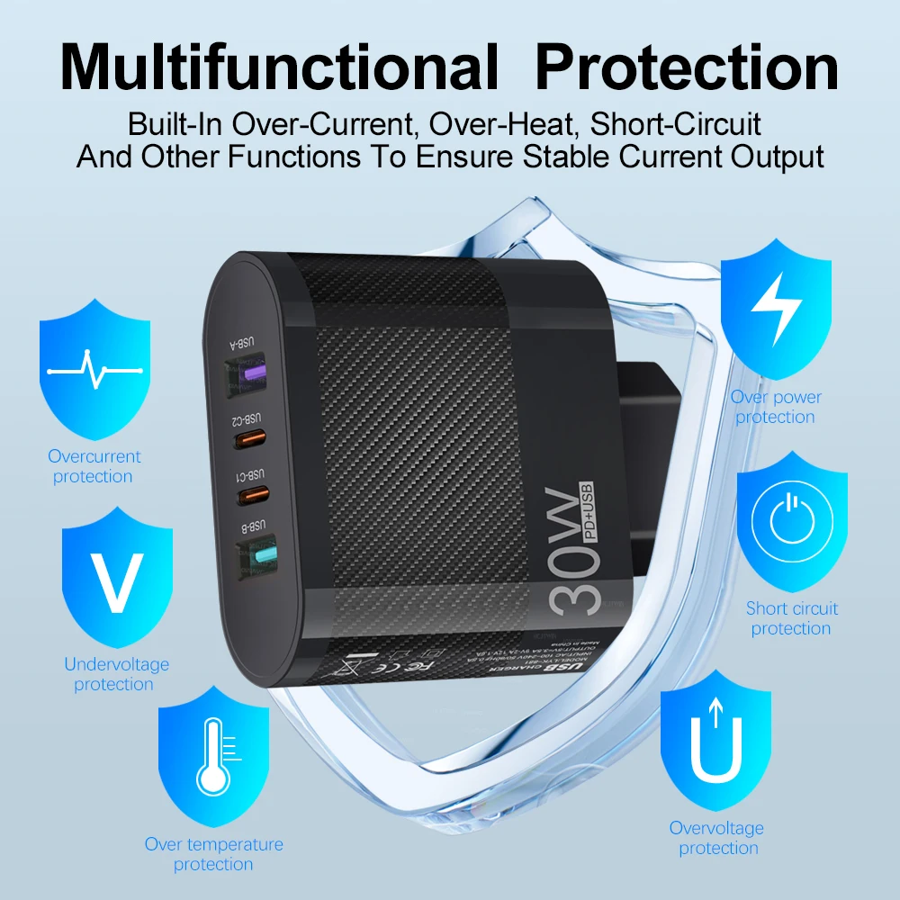 30W USB 4 Ports Fast Charging Quick Charge 3.0 Portable Wall Mobile Phone Charger Adapter For iPhone 15 14 Samsung Huawei Xiaomi