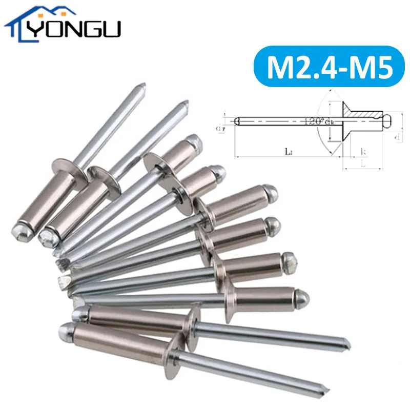 

304 Stainless Steel Pop Rivets Aluminium M2.4 M3 M3.2 M4 M5 Countersunk Flat Head Blind Rivets Steel Shank Mandrel Exhaust Rivet
