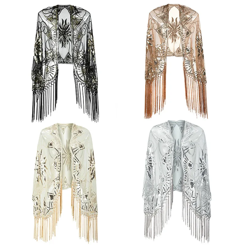 

1920s кисточки ручной работы шаль с блестками, Длинная накидка из бисера, украшение из бисера, Гэтсби, сетчатая накидка для свадебной вечеринки, Аксессуары для платья