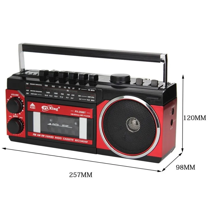 PX-250BT 휴대용 블루투스 스피커 (TF 카드, USB 지원) 257*98*120MM 라디오/녹음 기능 FM/AM/SW 3밴드 라디오 수신 카세트 테이프 재생