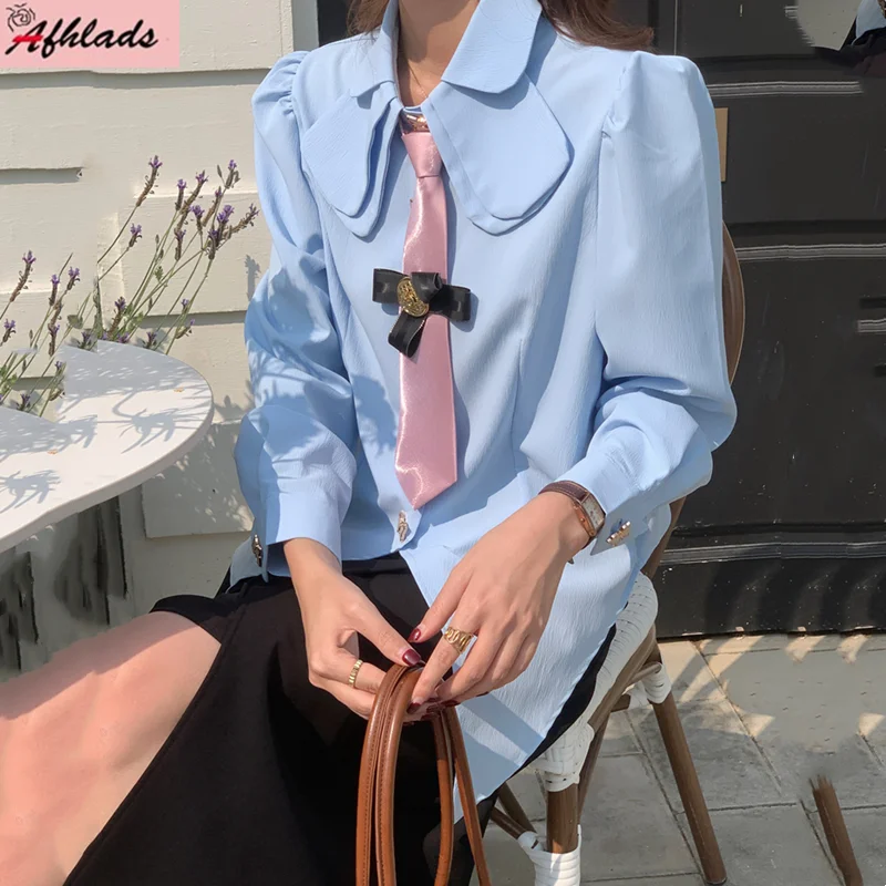 

Long Sleeve Peter Pan Collar Shirt Women's Spring And Autumn Solid Color Office Lady Cartoon Single Breasted Female Blouse