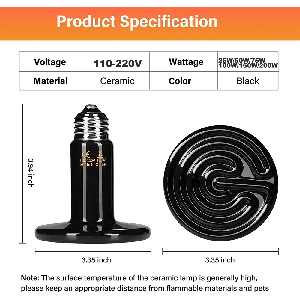 Reptile Infrared Heat Bulb 20/50/75/100W Snakes Lizards Pets Brooder Lamp 110-240V Amphibious Terrarium Lighting for Reptiles