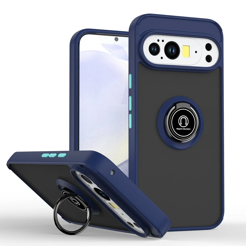 Armor Shockproof Magnetic Phone Case with Ring Holder - Matte Finish & Camera Lens Protection