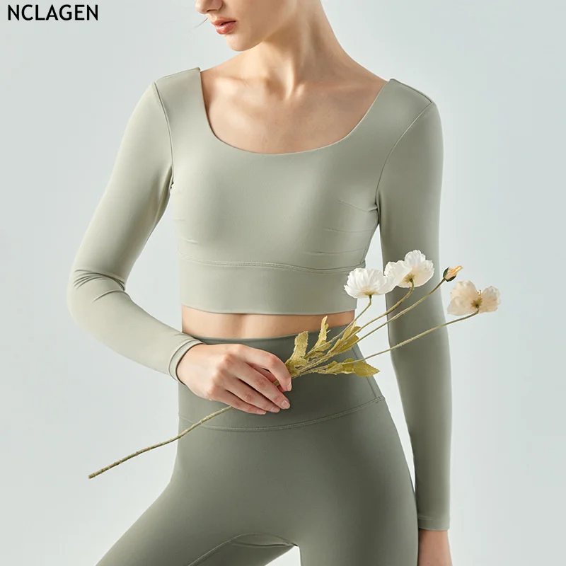 

NCLAGEN Exercise Long Sleeved Women's Beautiful Back Yoga T-shirt Running Outerwear Clothes Fitness Shirts Gym Workout Crop Top