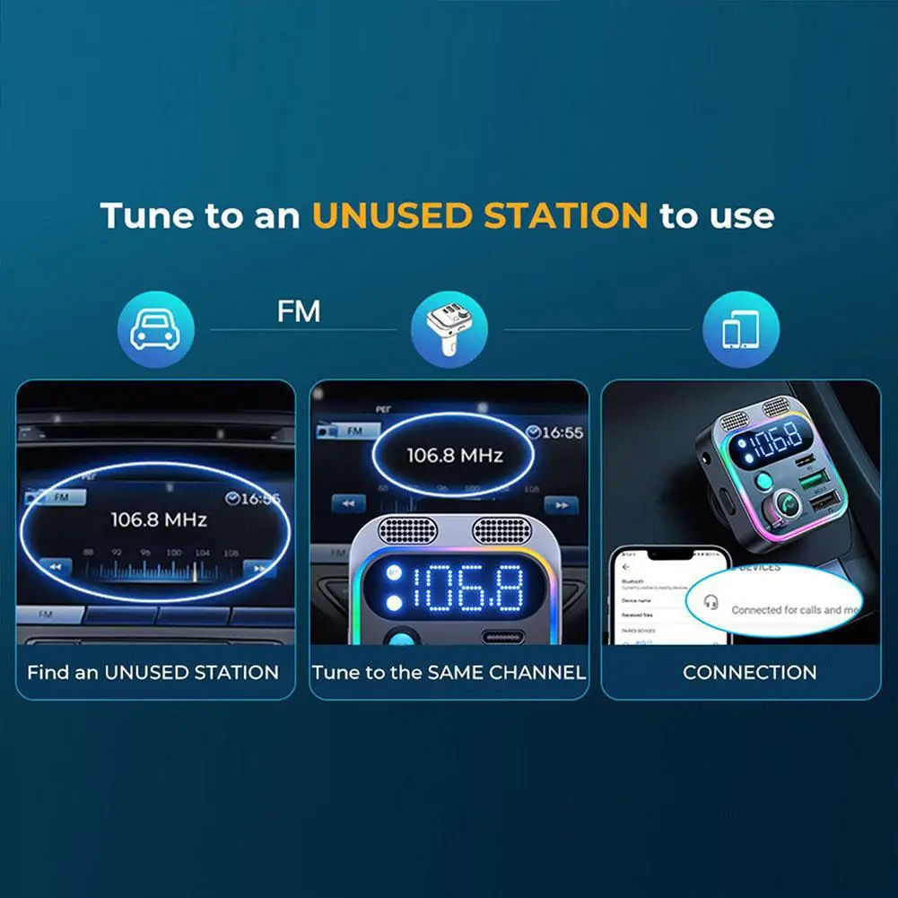 Car Bluetooth FM Transmitter Bluetooth 5.3 for Car Stronger Dual Mics Deep Bass Sound 48W PD&QC3.0 Car Charger Adapter