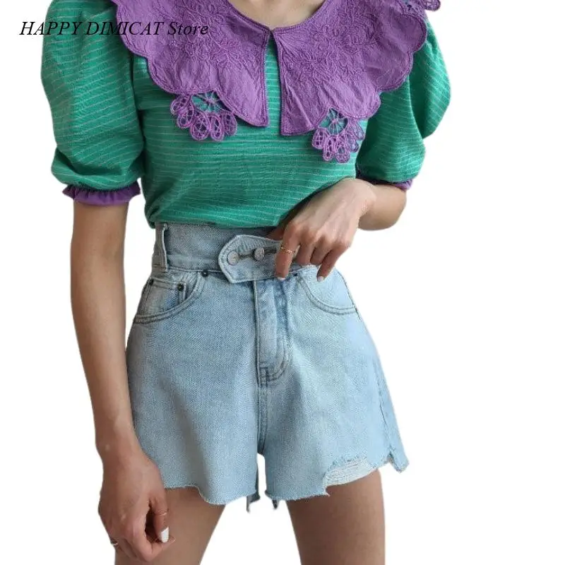 Female Jeans Shorts Streetwear Fashion Chic Ripped Edges Denim Shorts Women Double Button Light Blue Denim Shorts Summer