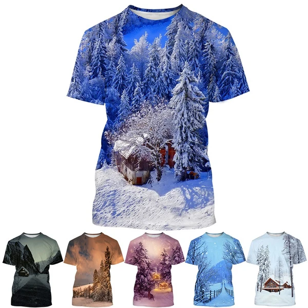 

3d Snow Scene Printing Snow Flying Pattern Unisex Casual Short-sleeved Snow Printing Fashion Shirt Tops Size XXS-6XL