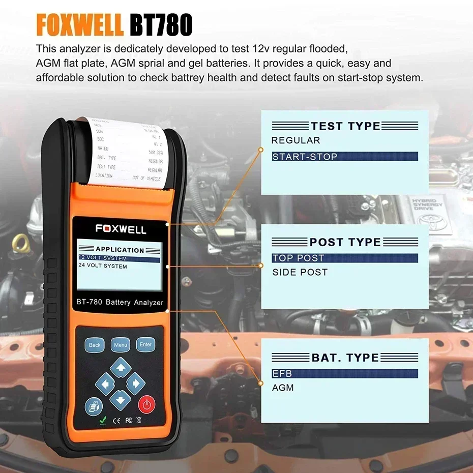 A + FOXWELL 배터리 테스터, 자동차 AGM 젤 EBP 배터리 분석기, 내장 프린터, 자동차 액세서리 배터리 모니터, BT780, 12V, 0-1000A
