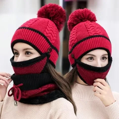 

Winter Cashmere Balaclava With Bear Ear Hat Scarf Gloves Set 3 In 1 Women Cute Beanies Caps Hood Warm Thick Plush Solid Color