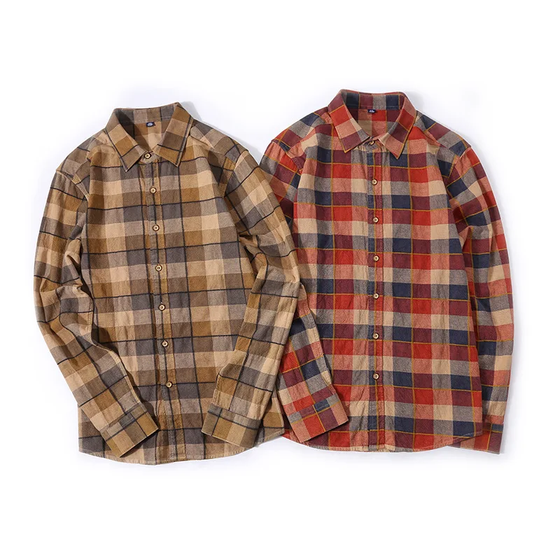 Boweylun Vintage Cotton Plaid Casual Shirt Skin-friendly Shu Fashion Lapel Long Sleeve Shirt
