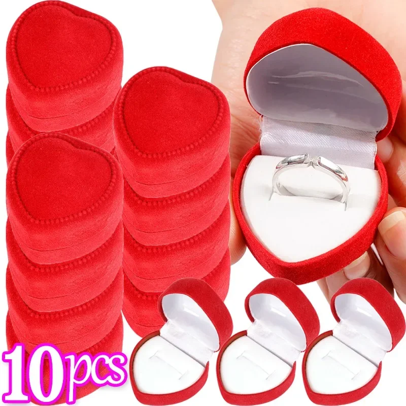 1-10pcs Velvet Red Heart Shape Ring Boxes Jewelry Mini Case Earrings Display Holder Gift Couple Wedding Ring Container Wholesale