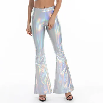 2026 New Arrival: Women's Blue Shiny Bell-Bottom Pants, Slim-Fit Trousers for Parties/Performances, Black, Silver, Green, Gold. 1