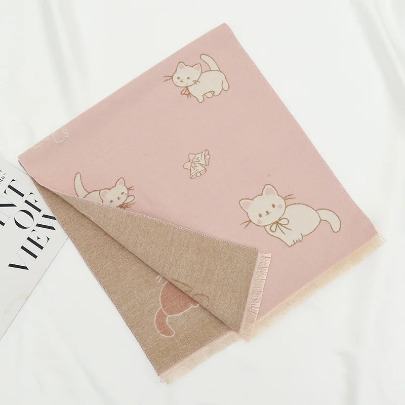 Cute Cartoon Cat Printed Children's Scarf for Boys and Girls Fashion Winter Imitation Cashmere Windproof Warm Scarves Shawl Gift