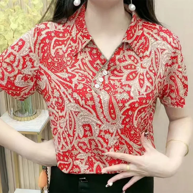 Vintage Fashion Printed Polo-Neck T-shirt Women\'s Clothing Summer Casual Korean Button Spliced Short Sleeve Tops for Female
