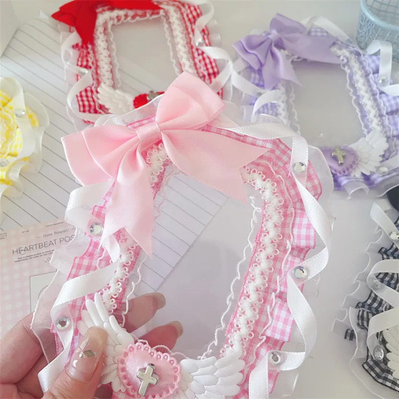 Lace Sleeve Bow Acrylic 3 inch Kpop Photocard Holder DIY Fabric Pendant Angel Wing Sheath Photo Card Holder Bag School Pendant