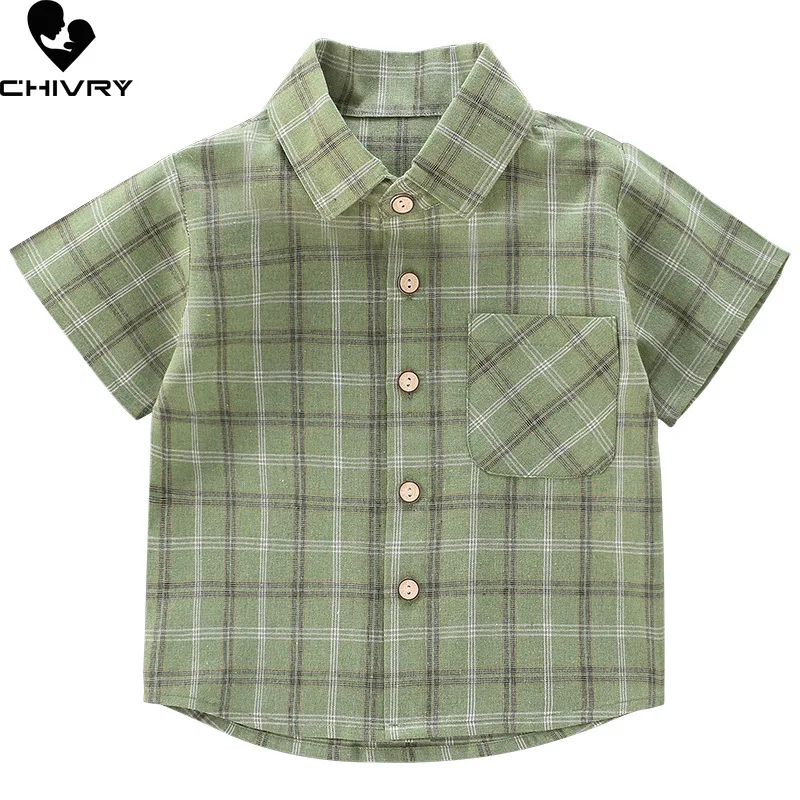 Boys Shirts Summer New Kids Boys Fashion Short Sleeve Lapel Single-breasted Classic Plaid Shirt Tops Children Clothing