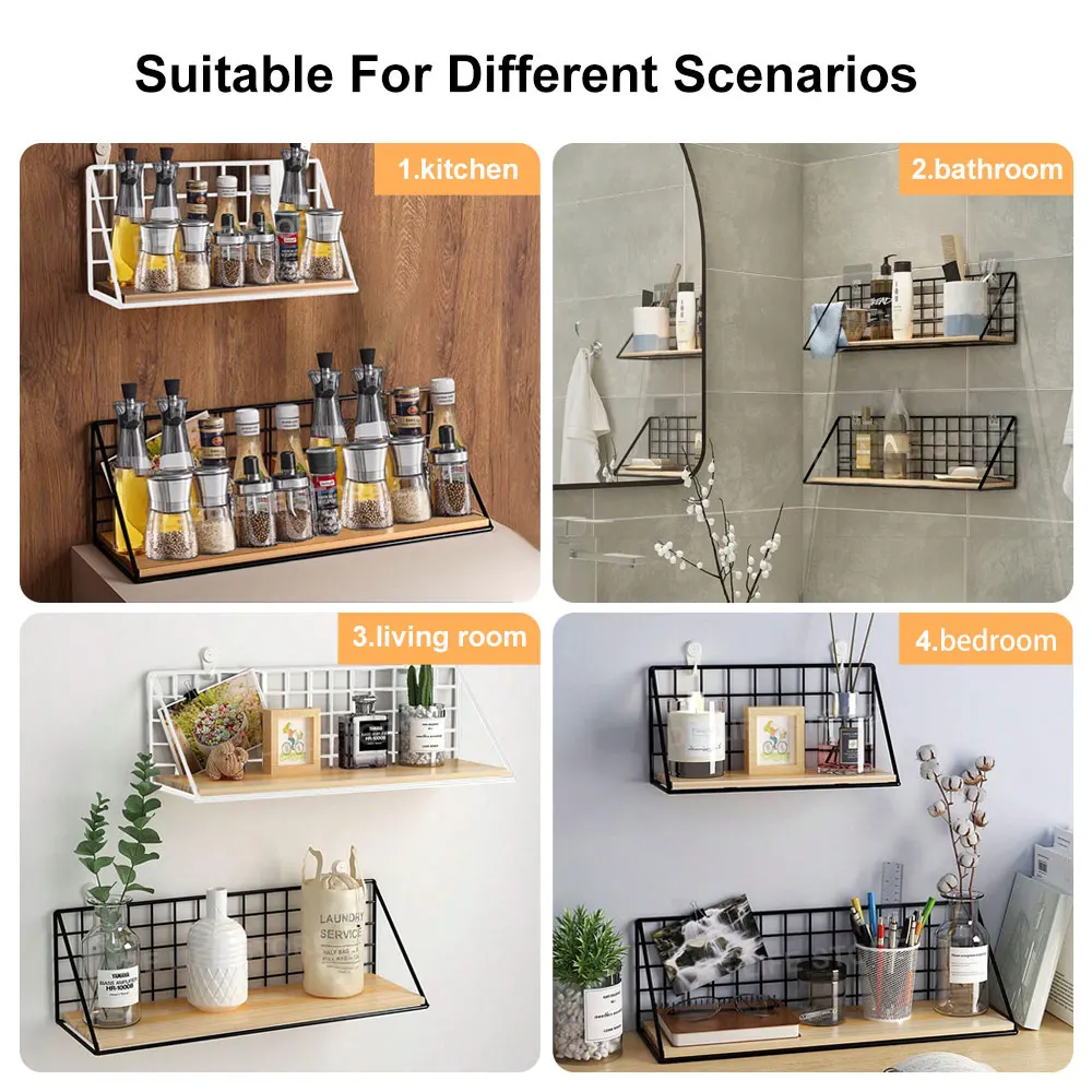 Wall Mounted Shelves Without Drilling Wood Hanging Shelf For Living Room Bedroom Storage Basket Wall Decoration Rack Organizers 5