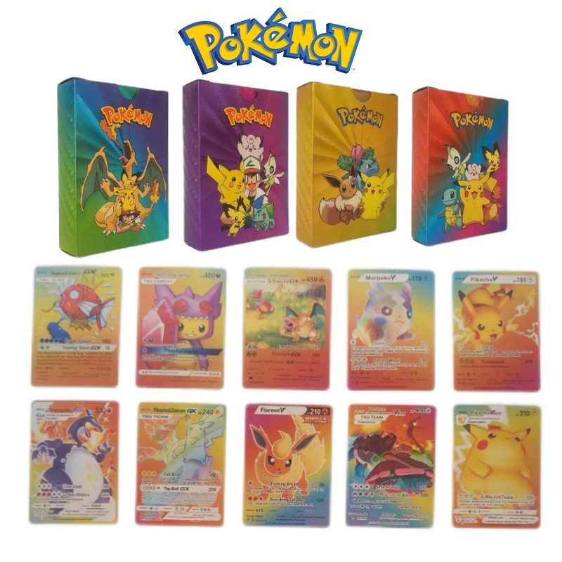 

55pcs Anime Pokemon Mewtwo Pikachu Charizard Colourful Shining Cards Collectible PVC English Trainer Battle Game Card Toys Gifts
