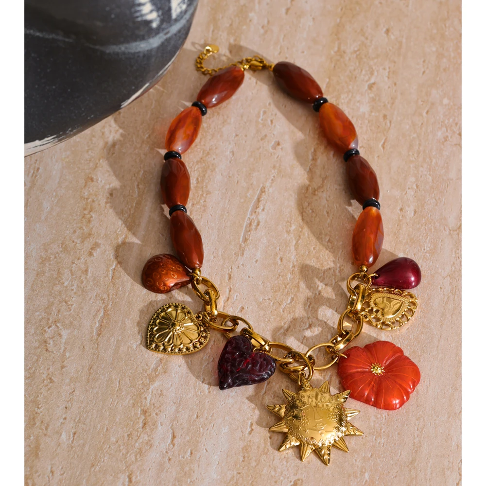 Yhpup Resin Chain Necklace Trending Heart Flower Sun Charm for Women
