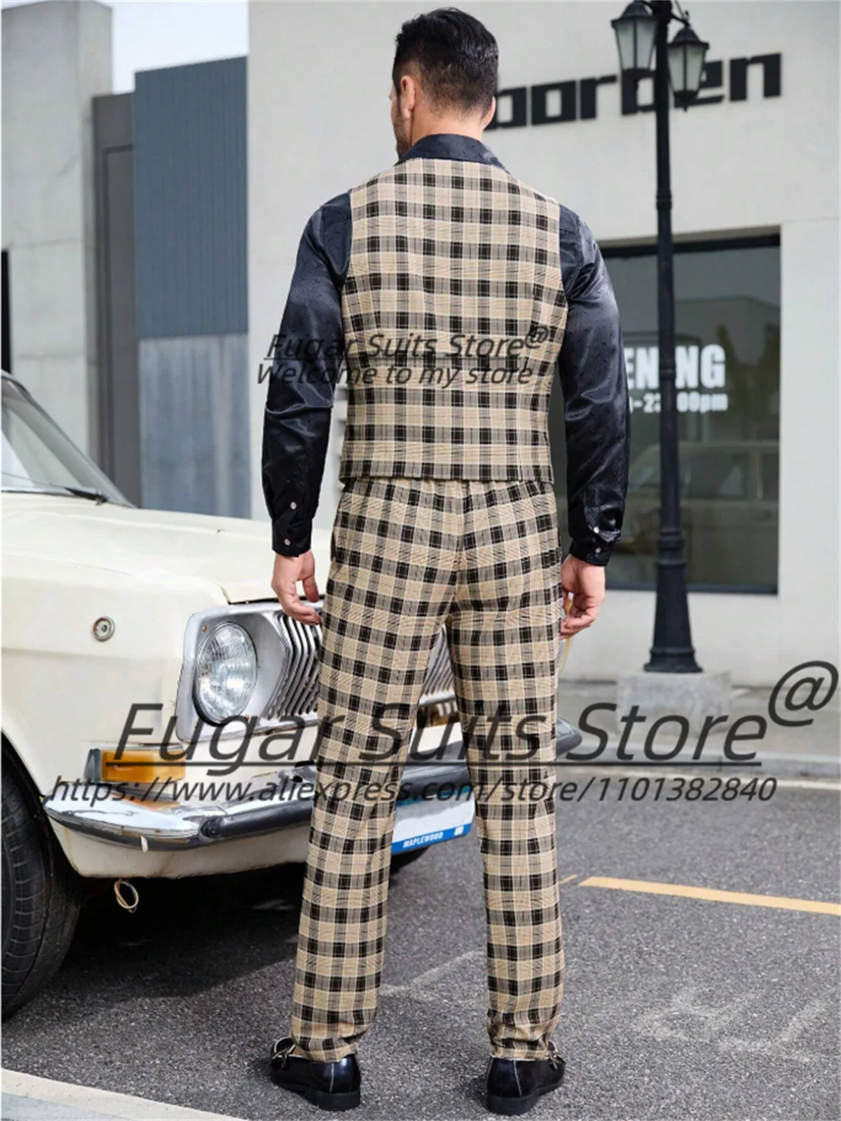 khaki Casual Plaid Men Suits Slim Fit Peak Lapel Groom Tuxedos Prom 3 Pcs Sets Business High-quality Male Blazers Costume Homme