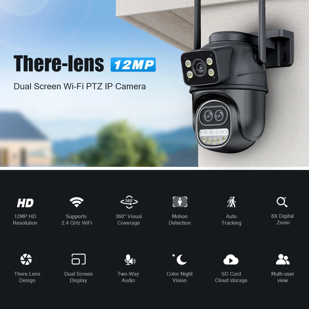 6MP WiFi Camera ICsee Outdoor 12MP 8X Zoom Three Lens Dual Screens CCTV Video Cam Auto Tracking Security Protection Surveillance images - 6