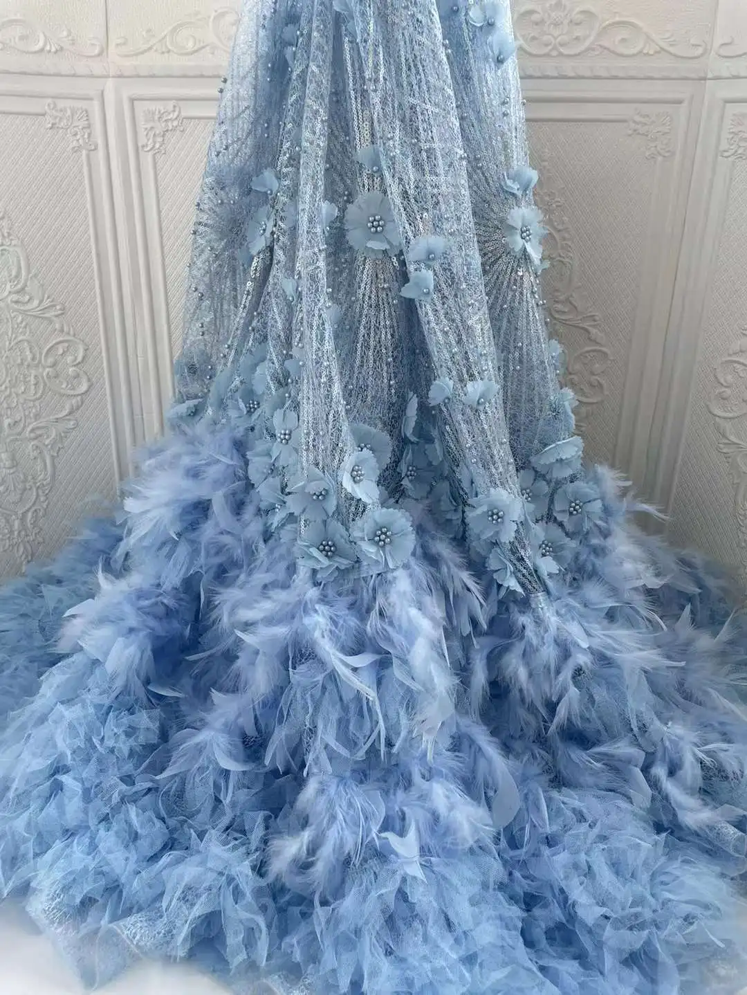 Beautiful African Sequins Lace Fabric High Quality French Nigerian Sequin Mesh Feather Lace Fabric 5 Yard For Wedding Party