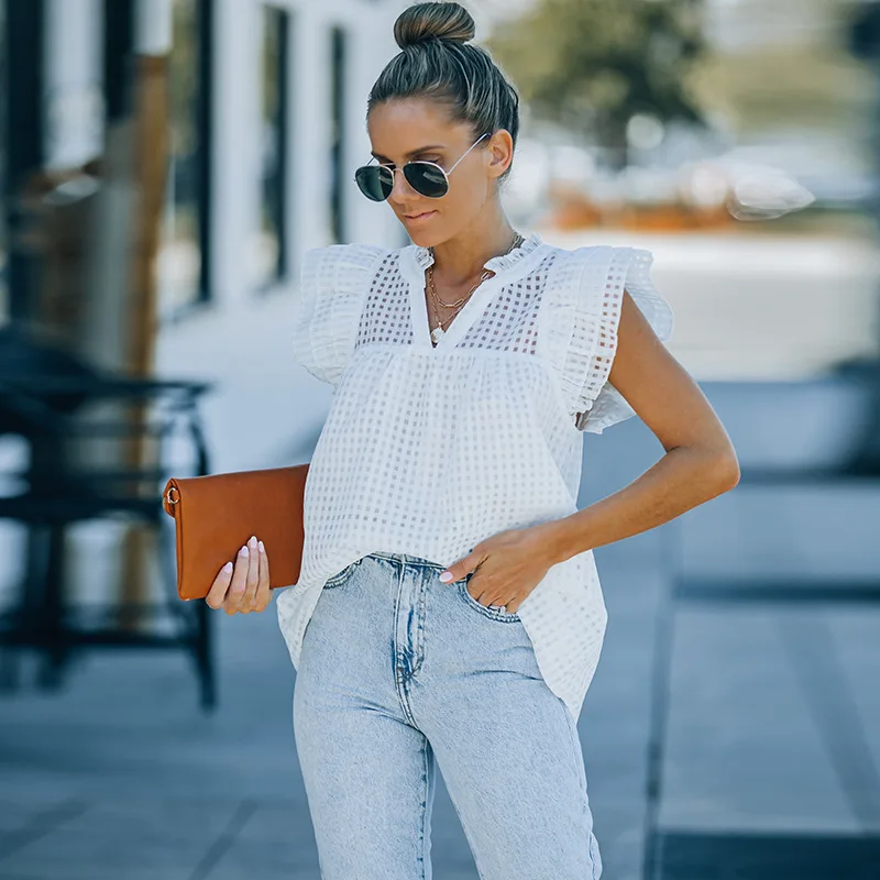 

White Loose Pearl Chiffon Shirt Women's Summer New V-neck Pullover Short Sleeve Top 25114289