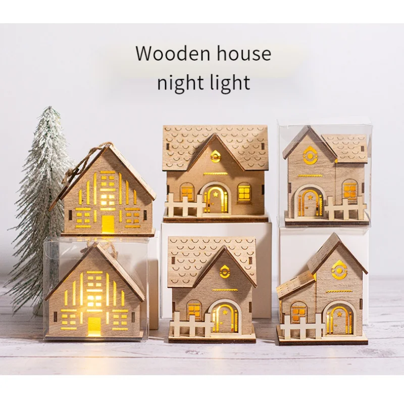 

New Wooden glowing log cabin ornaments Mini house festival wood handicraft DIY LED light toys children Gift Window Decoration