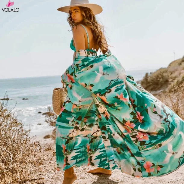 

VOLALO Print Floral Long Cardigan Swimwear Boho Flare Sleeve Sashes Summer Beach Cover Up Swimwear Holiday Big Size Output