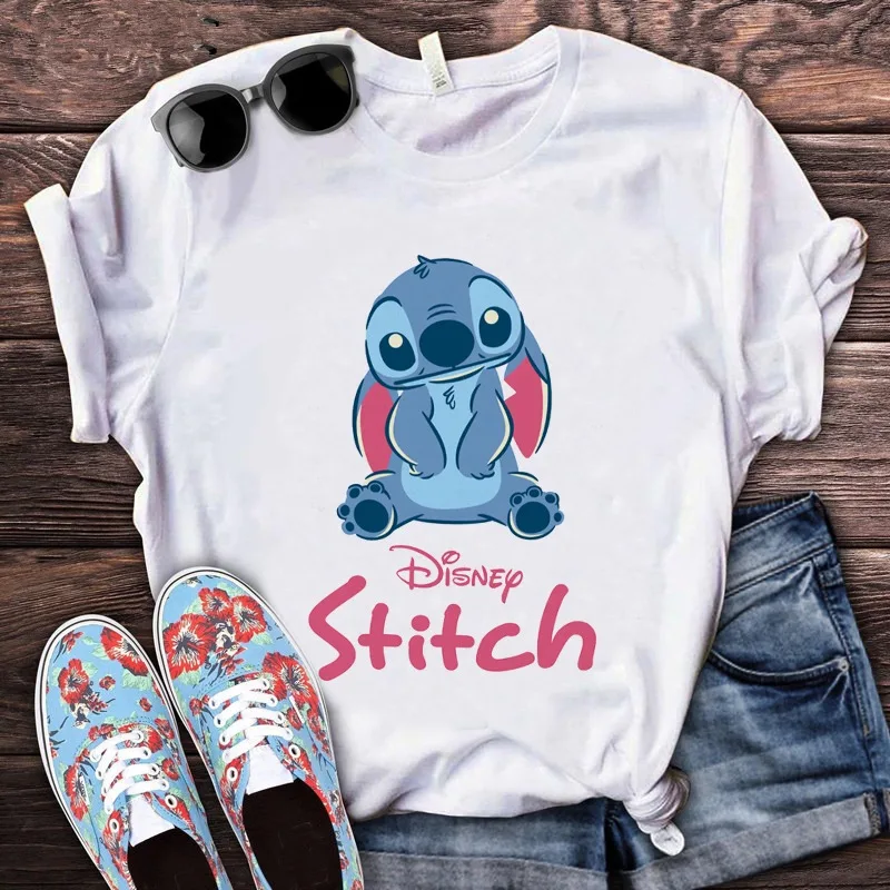 Disney Lilo Stitch Kawaii Christmas Anime T-Shirt Womens Funny Ohana Stitch T-Shirt Graphic Comic T-Shirt Streetwear Tops Womens white t shirt women Tees